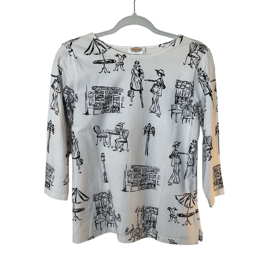 Talbots Graphic Street Print Black/White 3/4 Sleeve Scoop Neck Blouse.  Size M